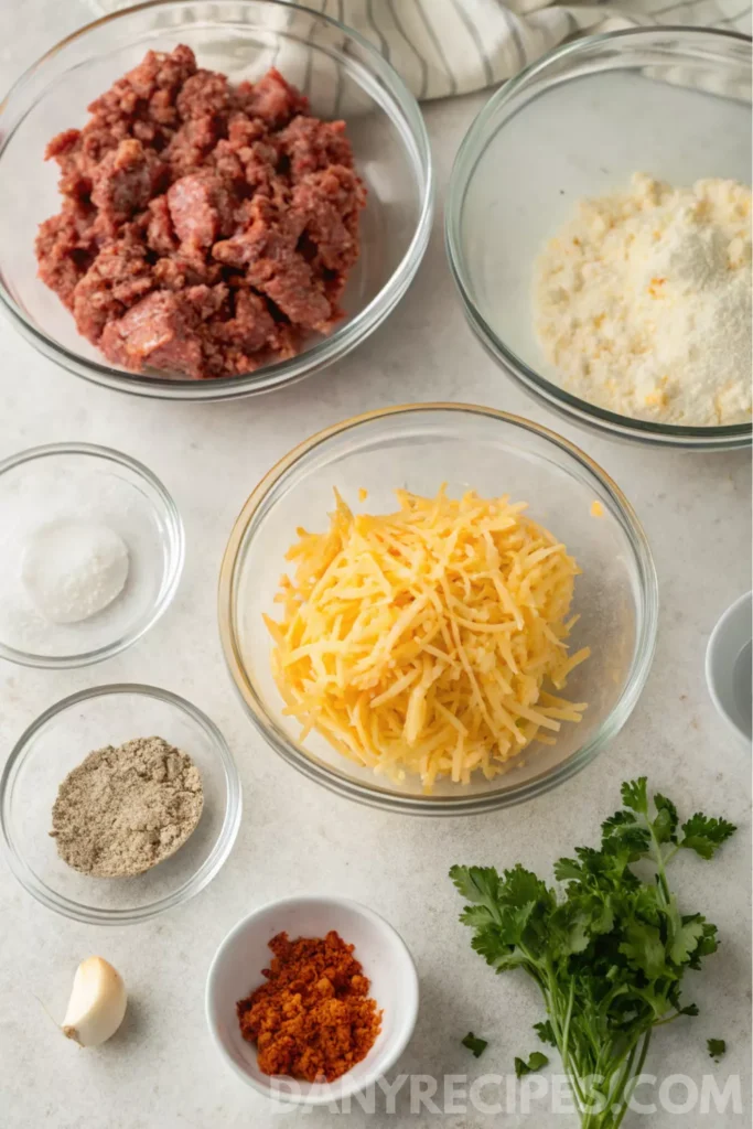 Best Sausage Cheese Balls Recipe 18 Bowls of sausage, shredded cheese, Bisquick mix, and spices arranged on a counter.