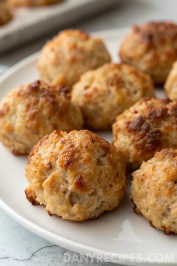 A close-up of Bisquick sausage balls served on a white plate, golden and crispy from the oven.