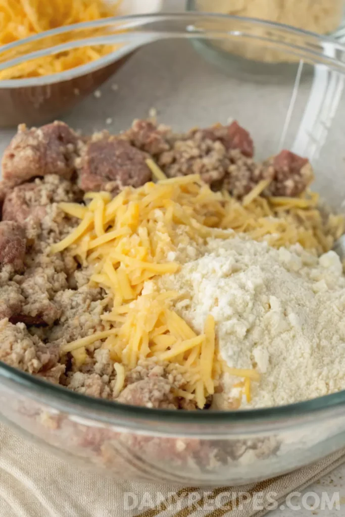 Mixing ground sausage, shredded cheddar cheese, and baking mix in a glass bowl.