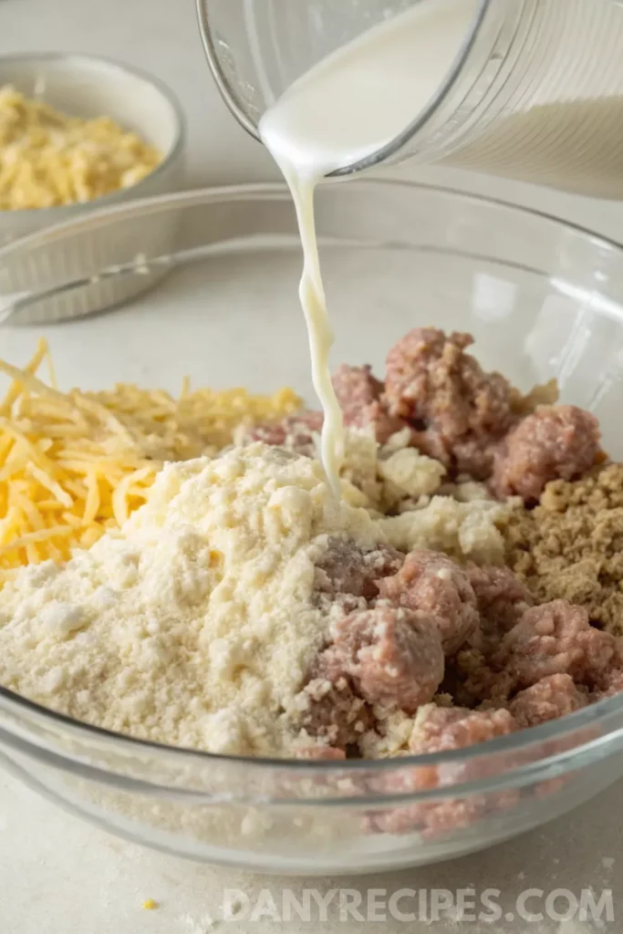 Milk being poured into a mixing bowl with sausage, cheese, and Bisquick mix.