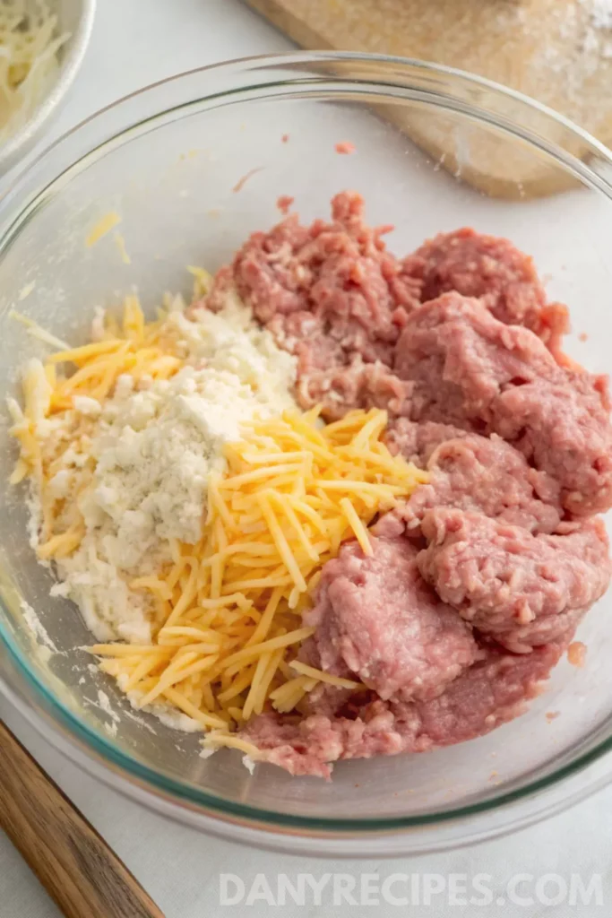 Best Sausage Cheese Balls Recipe 23 Bowl with ground sausage, shredded cheese, and Bisquick mix ready to be combined.