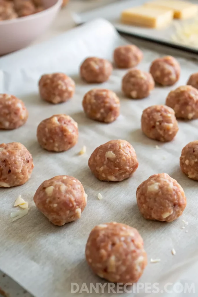 Unbaked Bisquick sausage balls arranged on a parchment-lined baking sheet.
