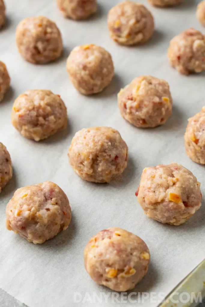 Best Sausage Cheese Balls Recipe 25 Unbaked Bisquick sausage balls evenly spaced on parchment paper.