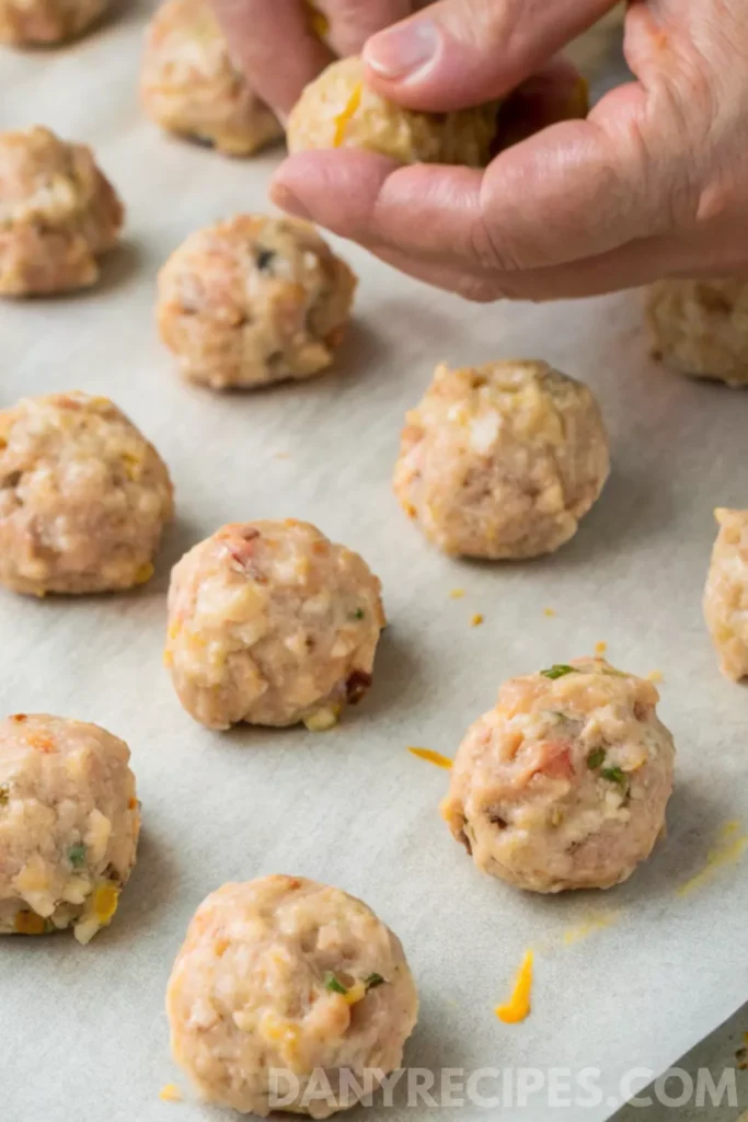 Best Sausage Cheese Balls Recipe 24 Hands shaping raw Bisquick sausage balls on a parchment-lined baking sheet.