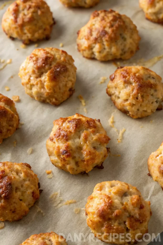 Freshly baked Bisquick sausage balls on a parchment-lined tray, golden and crispy.