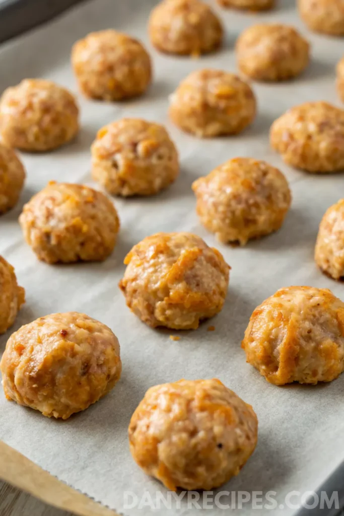 Best Sausage Cheese Balls Recipe 26 Freshly baked Bisquick sausage balls on a parchment-lined baking sheet.