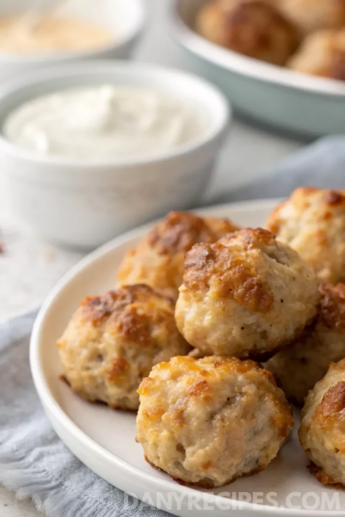 Close-up of golden Bisquick sausage balls served on a white plate with dipping sauces.