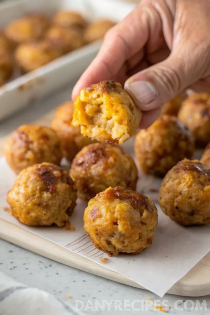 Best Sausage Cheese Balls Recipe 27 A hand holding a Bisquick sausage ball with a bite taken out, showing a cheesy interior.