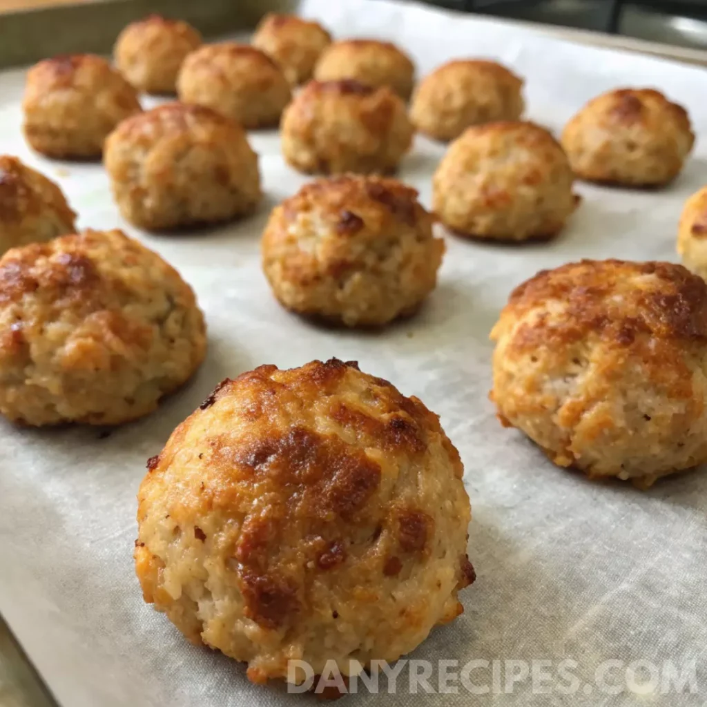 Freshly baked Bisquick sausage balls on a parchment-lined baking sheet.