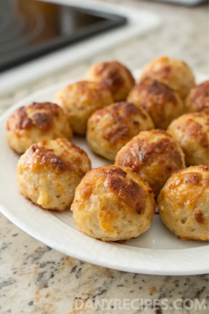 Best Sausage Cheese Balls Recipe 17 Plate of golden Bisquick sausage balls fresh from the oven on a kitchen counter.