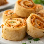 Close-up of golden Buffalo Chicken Dip Pinwheels with spicy creamy filling on a white plate