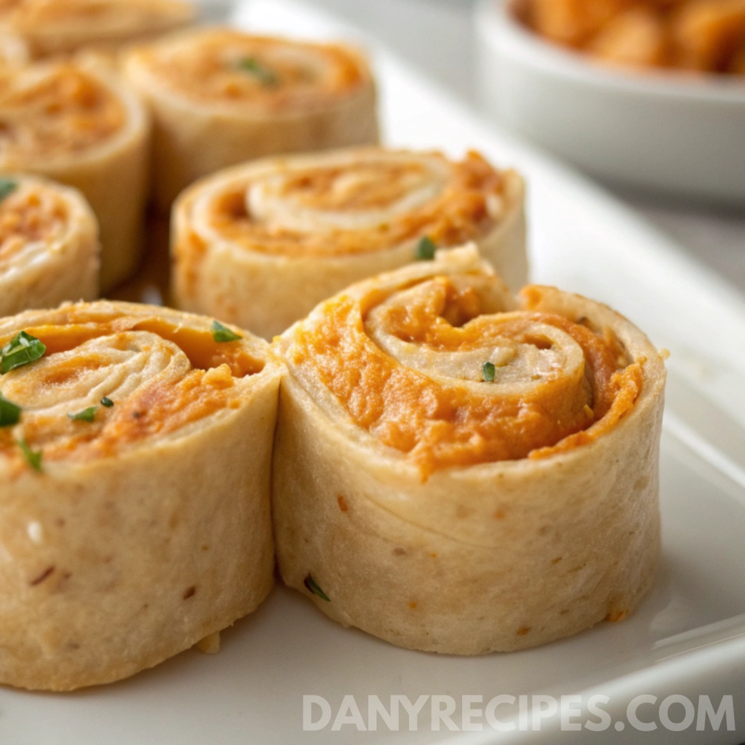 Buffalo Chicken Dip Pinwheels with creamy orange filling rolled in soft tortillas and garnished with herbs