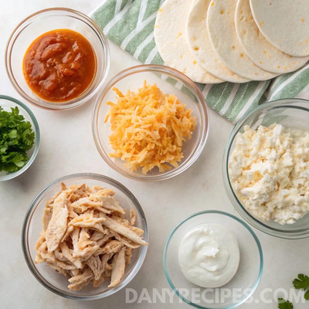 Bowls of shredded chicken, cheese, cream, salsa, and tortillas arranged on a kitchen counter