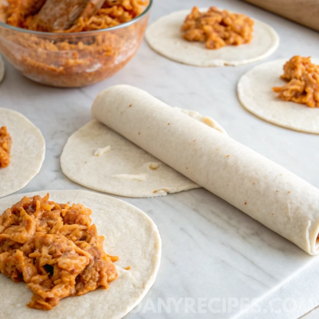 Tortillas being filled with buffalo chicken dip and rolled tightly on a countertop