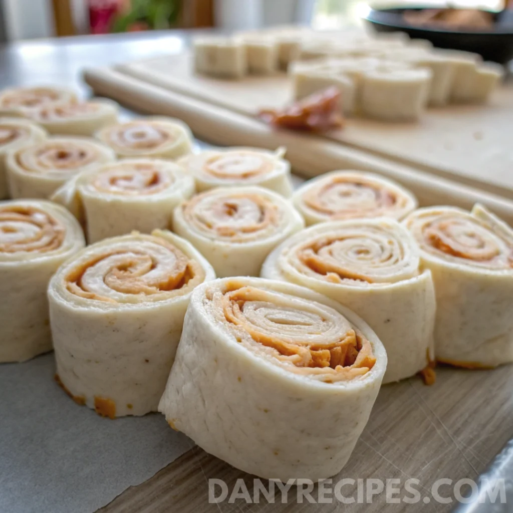 Buffalo Chicken Dip Pinwheels rolled and sliced into even pieces on a cutting board
