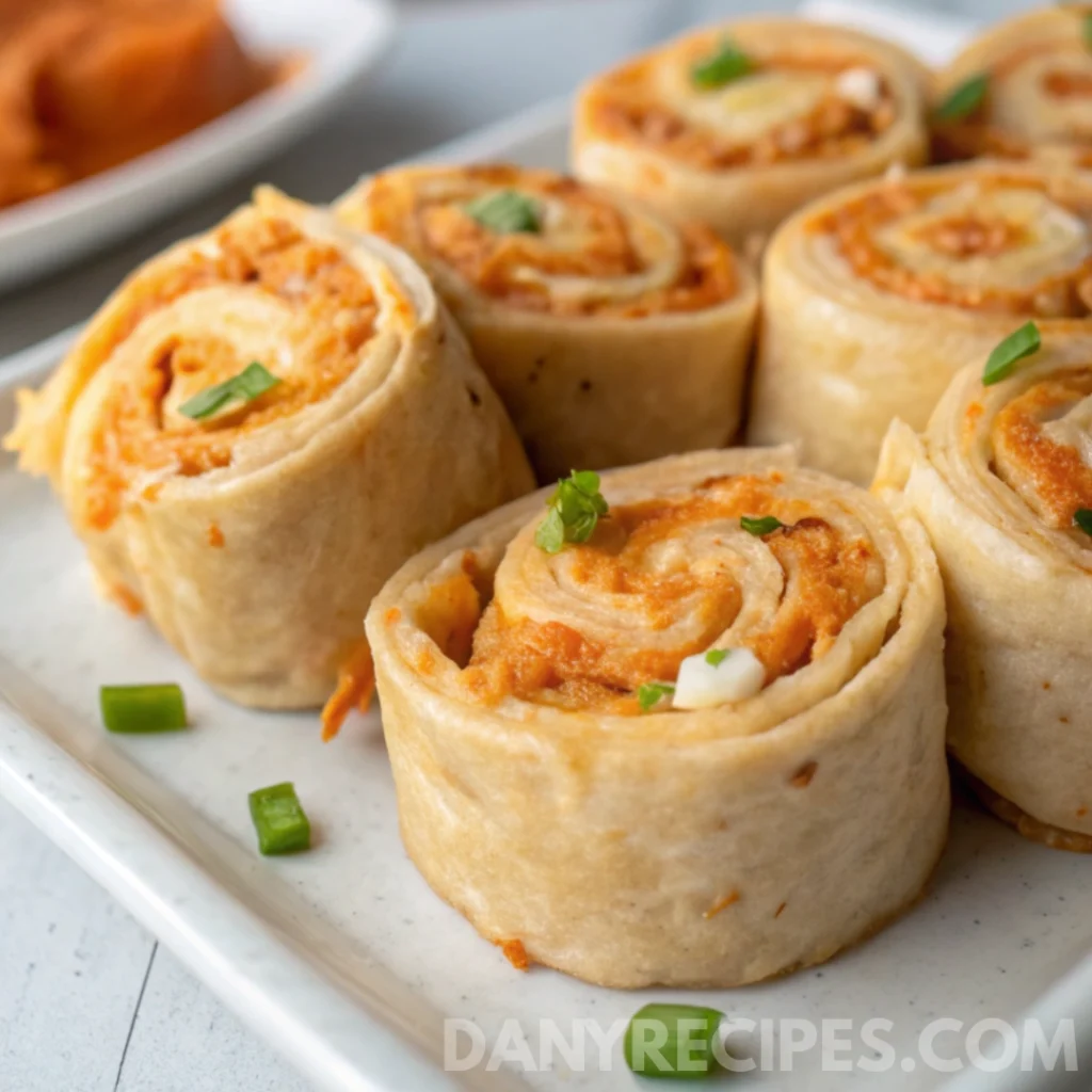 Golden-baked Buffalo Chicken Dip Pinwheels garnished with chopped green onions on a white plate
