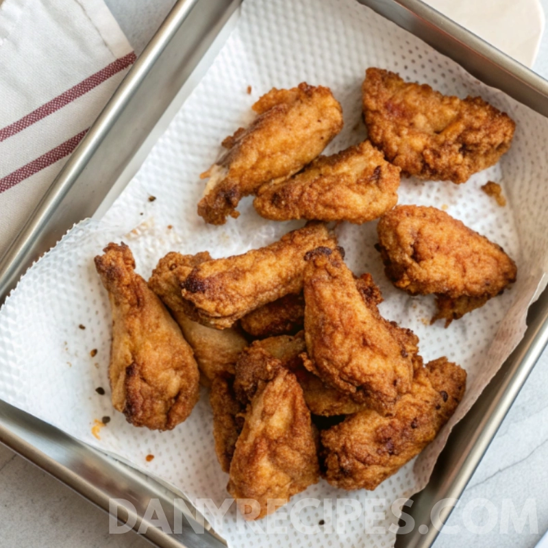 Golden deep-fried chicken wings draining on paper towels in a tray