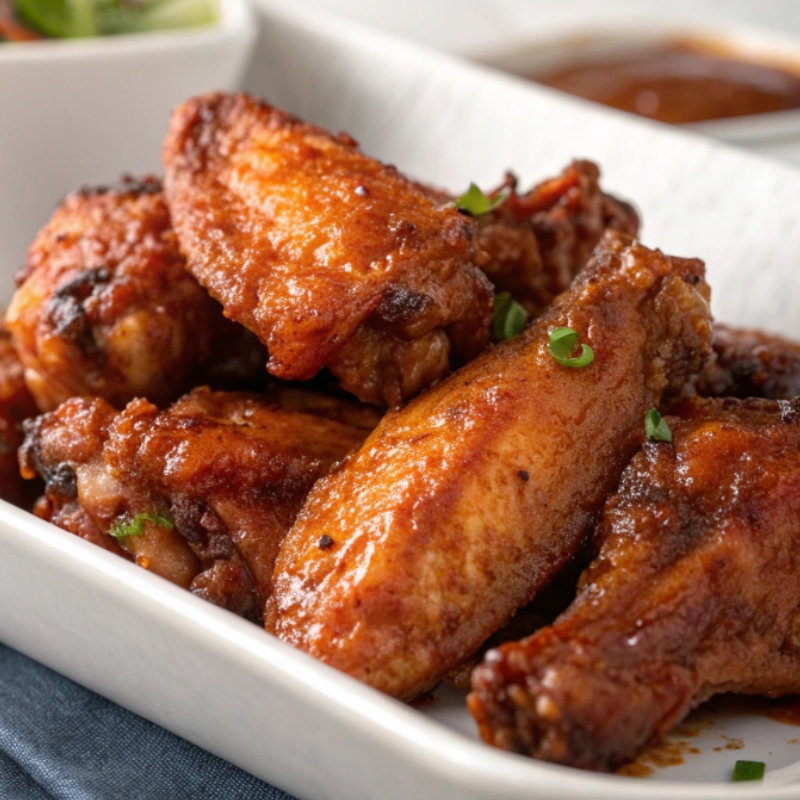 Crispy baked chicken wings coated in sticky barbecue sauce