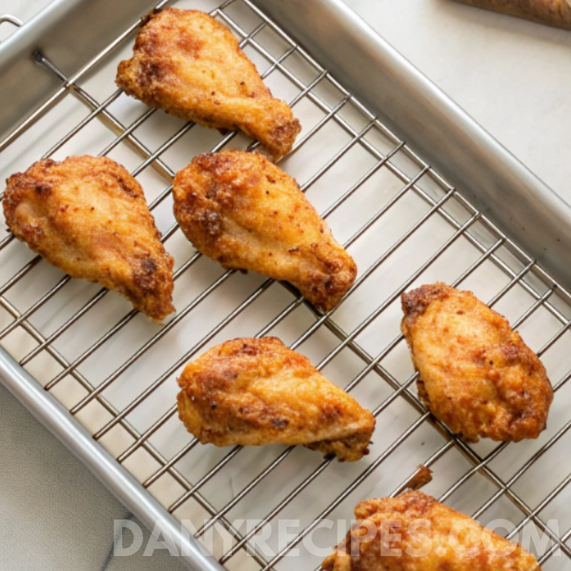 Crispy golden chicken wings on a baking rack after oven baking