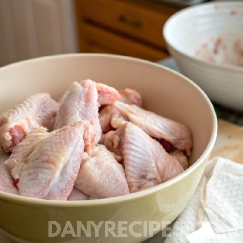 Raw chicken wings in a bowl ready to be patted dry before cooking