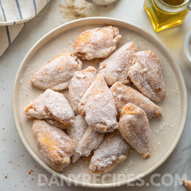 Raw chicken wings coated in seasoning and flour on a plate