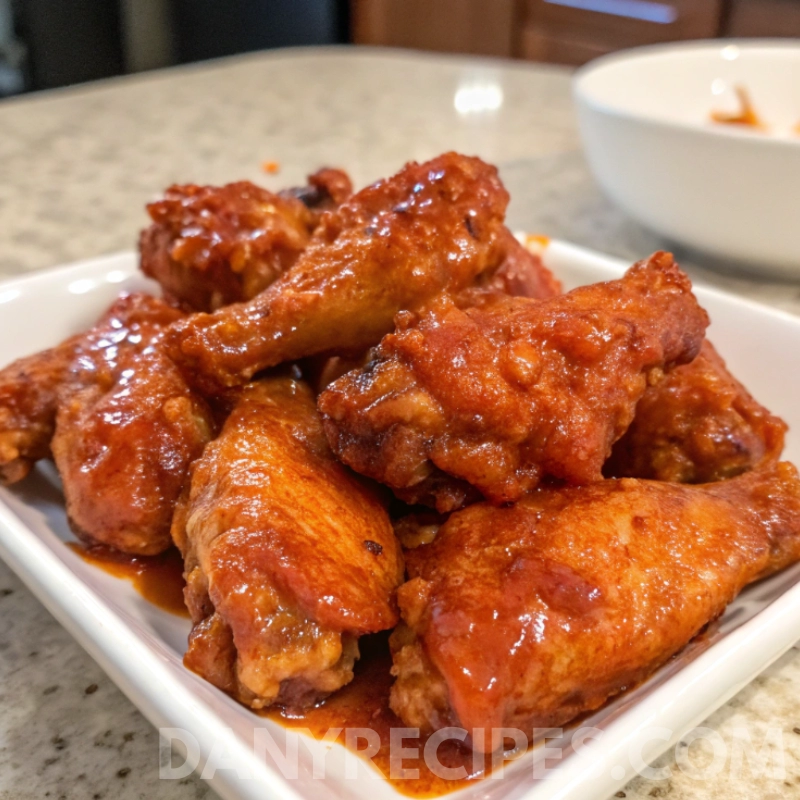 Crispy chicken wings coated in spicy sauce served on a white plate
