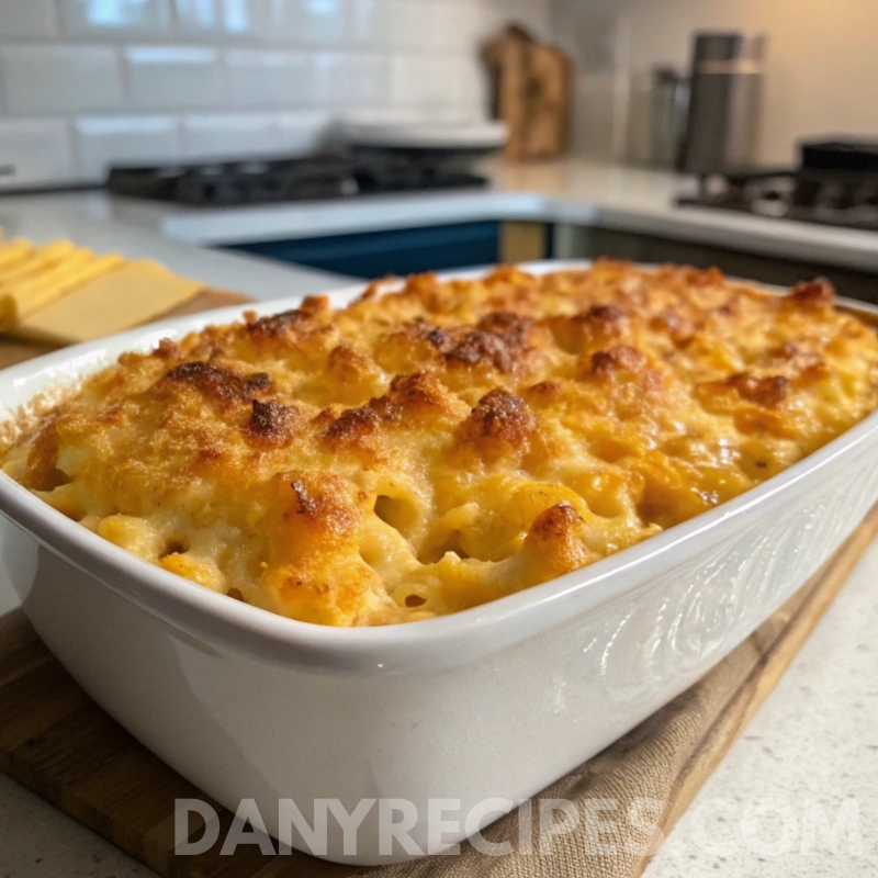 Creamy macaroni and cheese with a browned breadcrumb topping in a white dish.