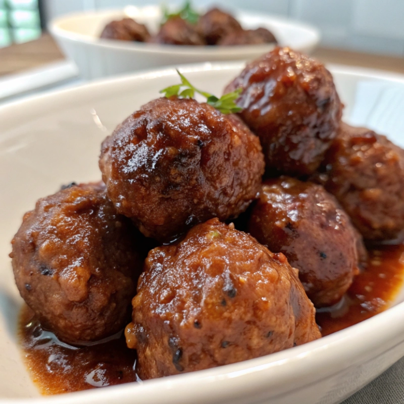 Glazed cocktail meatballs stacked in a white bowl with sauce