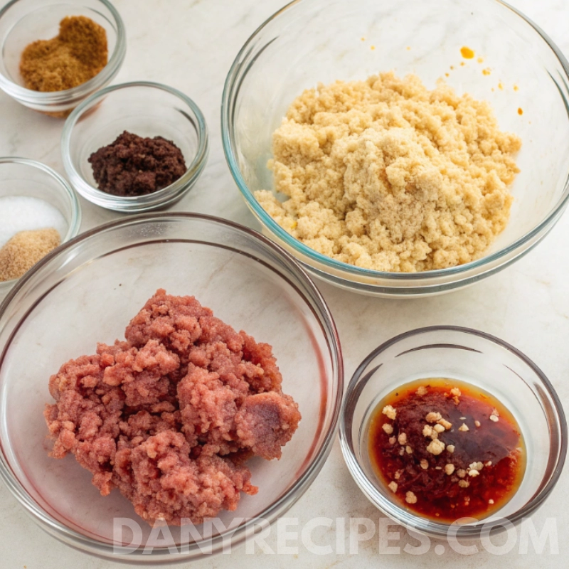 Bowls of ground meat, breadcrumbs, spices, and sauce on a countertop