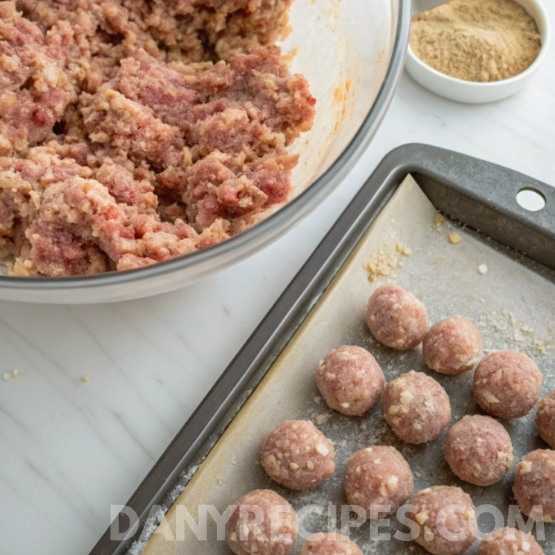 Raw meat mixture in a bowl with formed meatballs on a baking tray