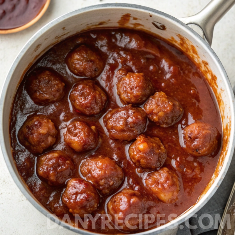 Meatballs simmering in a rich, glossy sauce inside a saucepan