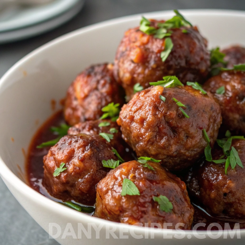 Bowl of cocktail meatballs coated in rich sauce and garnished with parsley