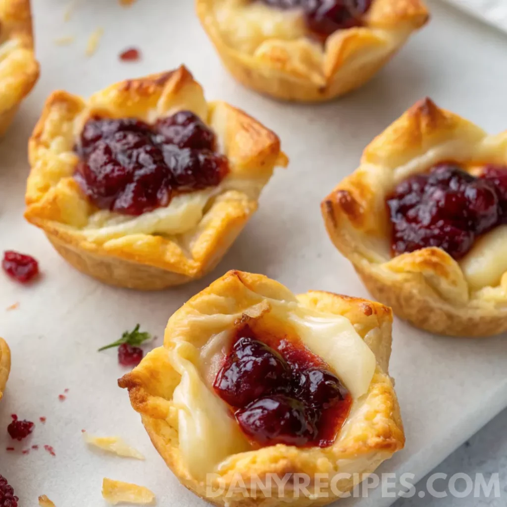 Flaky cranberry brie bites filled with melted brie and cranberry sauce on parchment paper.