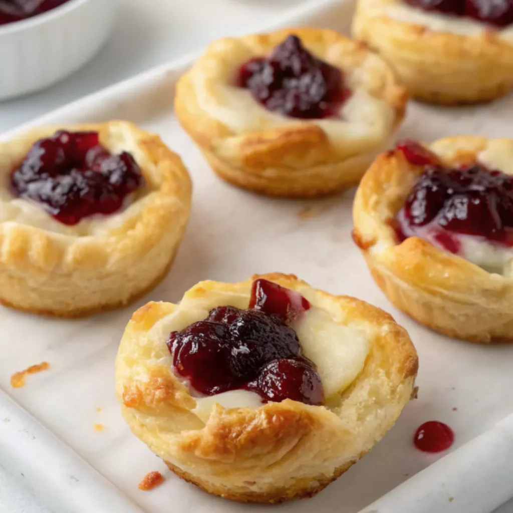 Baked cranberry brie bites with golden crusts and bubbling cheese on a marble tray.