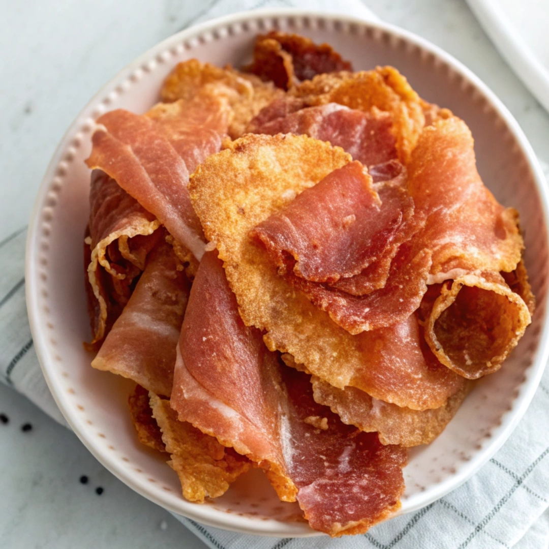 Bowl of golden, crispy prosciutto slices stacked in a white dish on a striped napkin.