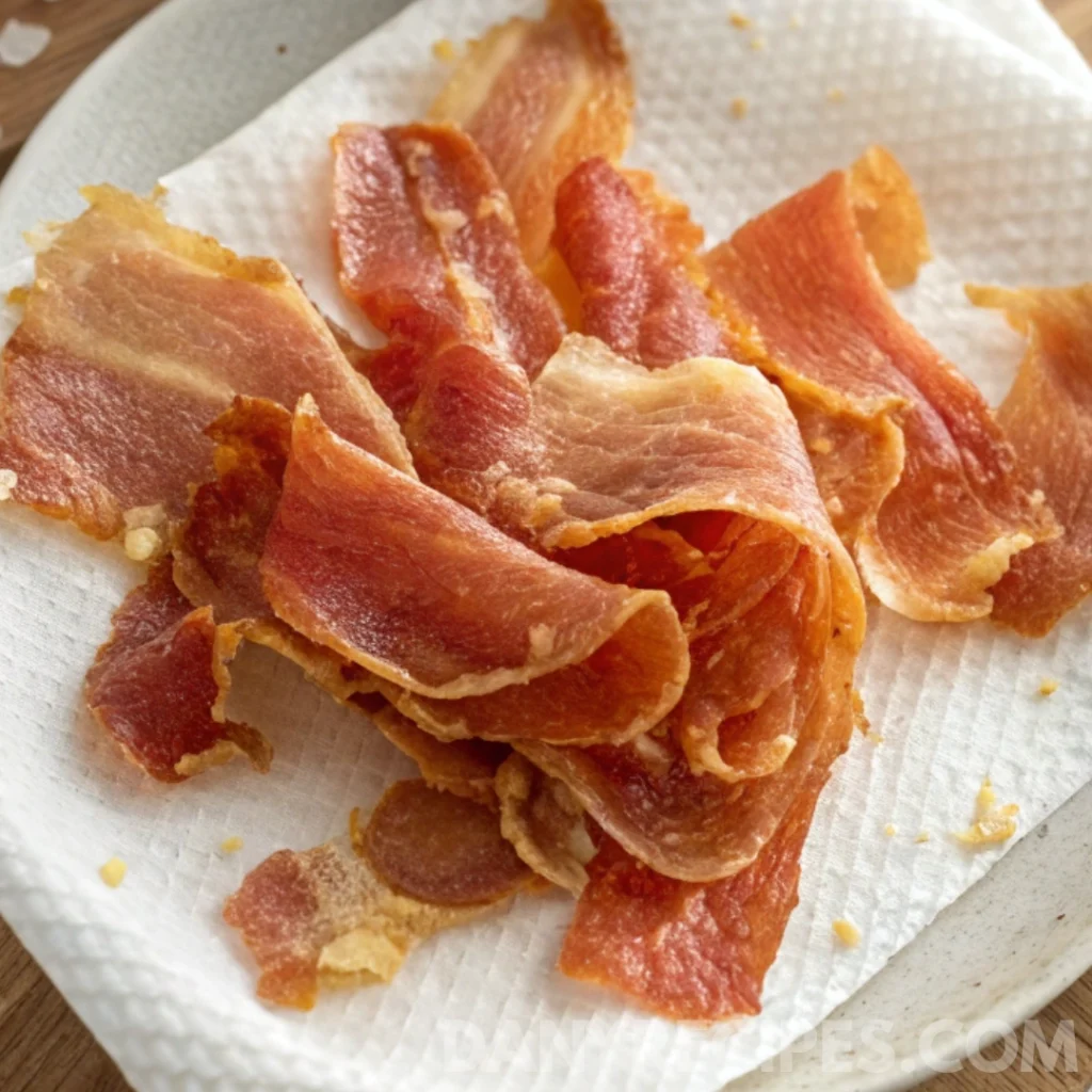 Crispy prosciutto slices resting on a paper towel to cool