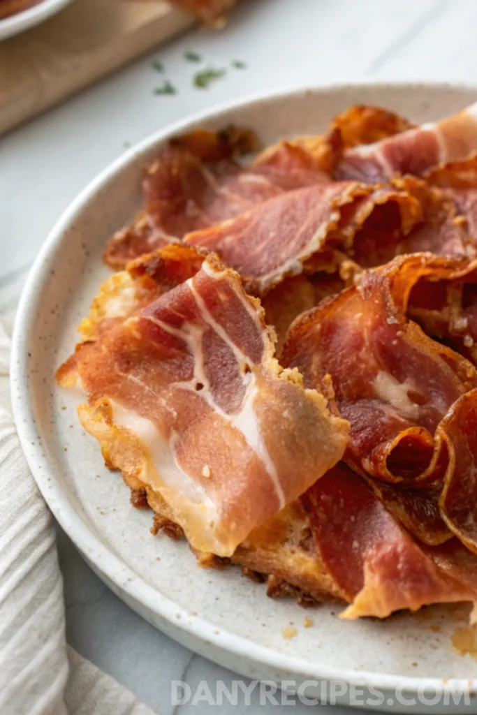 Thin slices of crispy prosciutto arranged on a rustic plate with visible texture and golden edges.