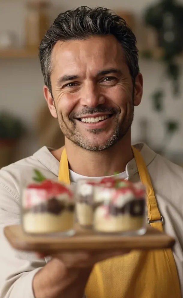 Dany smiling while presenting layered dessert cups on a wooden tray in his kitchen.