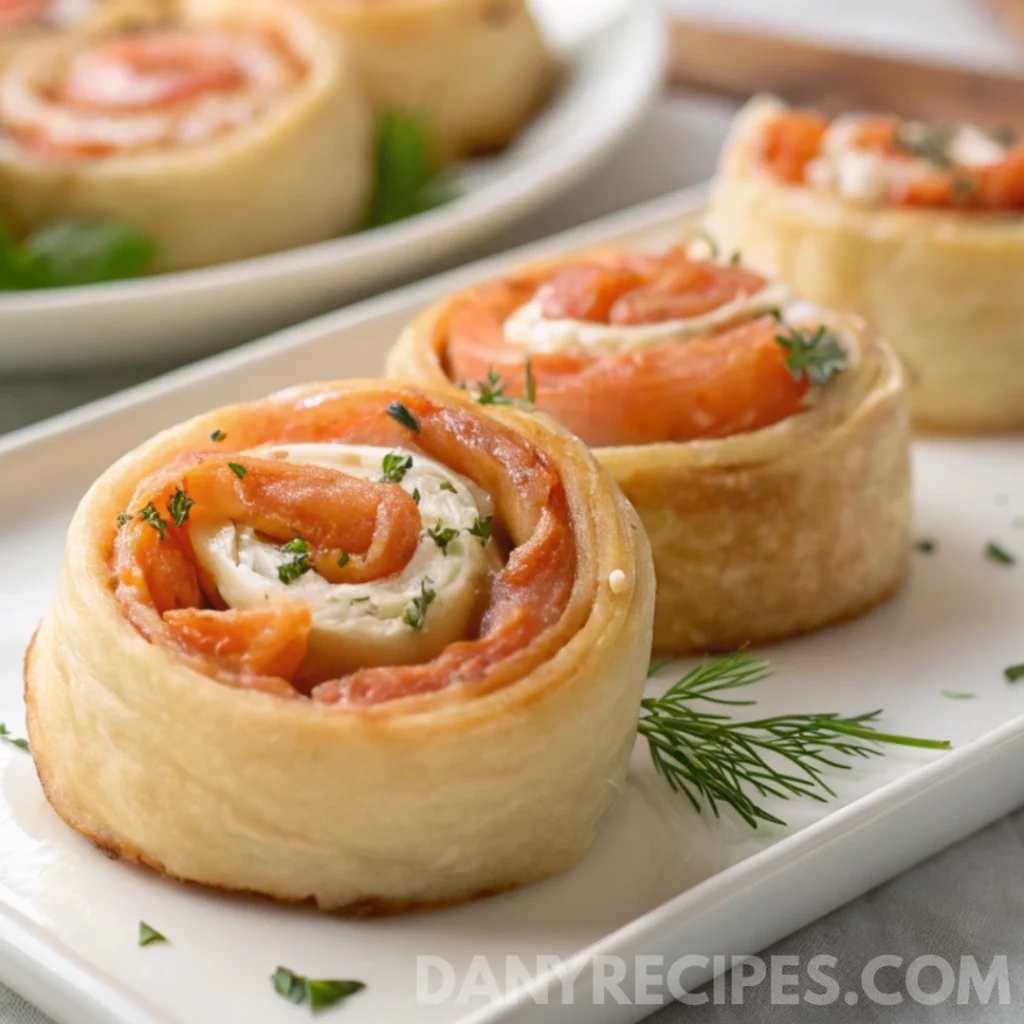 Easy Smoked Salmon Pinwheels with cream cheese and herbs on a white platter