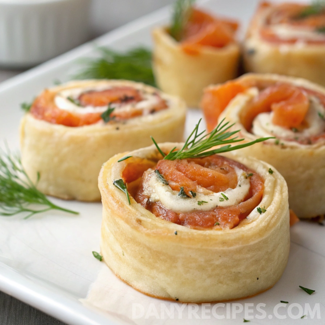 Easy Smoked Salmon Pinwheels with cream cheese and fresh dill on a white plate