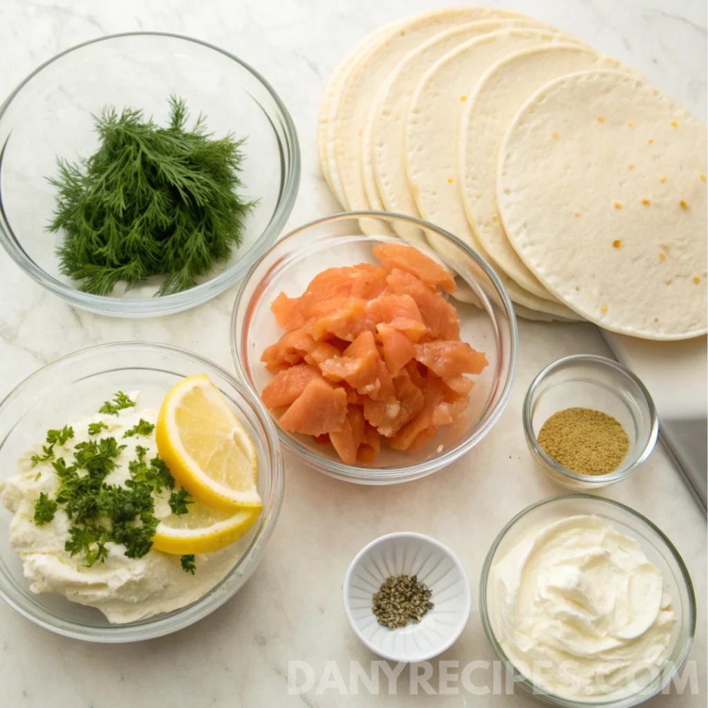 Ingredients for Easy Smoked Salmon Pinwheels including smoked salmon, cream cheese, dill, and tortillas