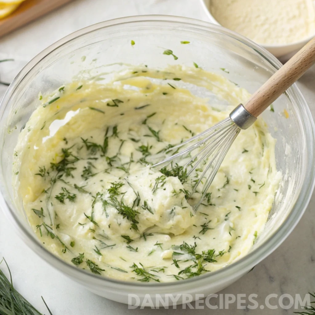 Cream cheese and dill mixture for Easy Smoked Salmon Pinwheels in a glass bowl