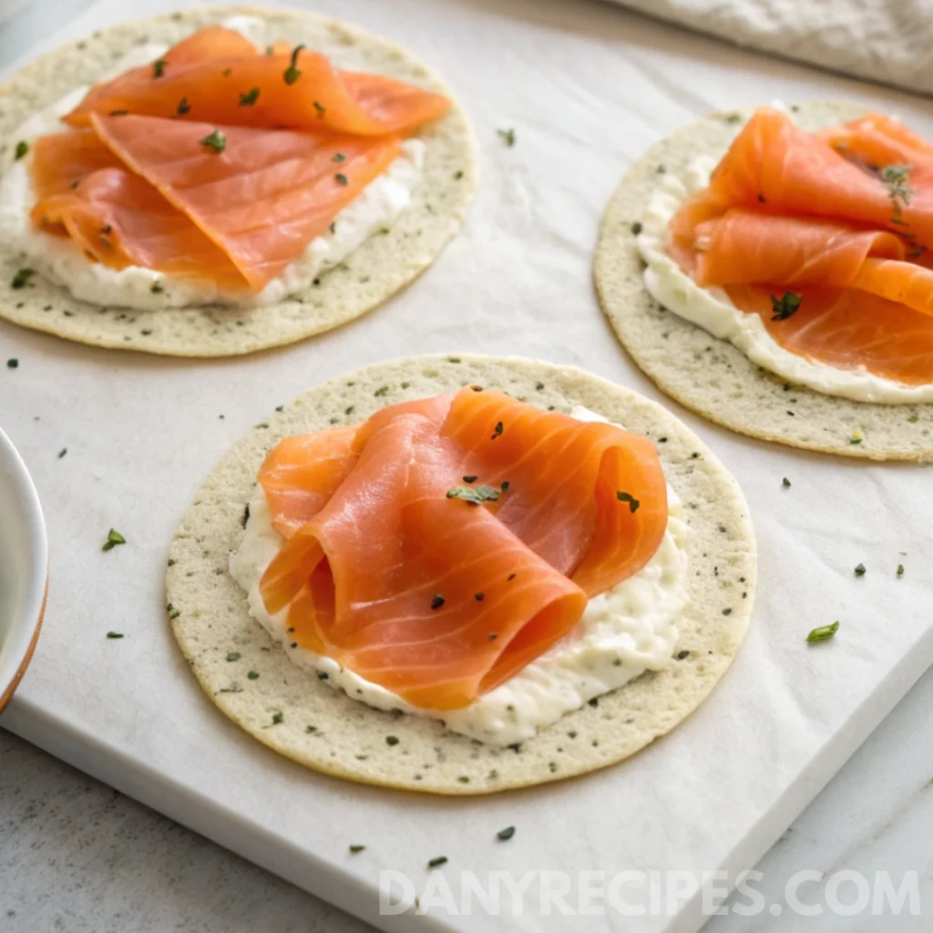 Tortillas topped with cream cheese and smoked salmon slices for Easy Smoked Salmon Pinwheels