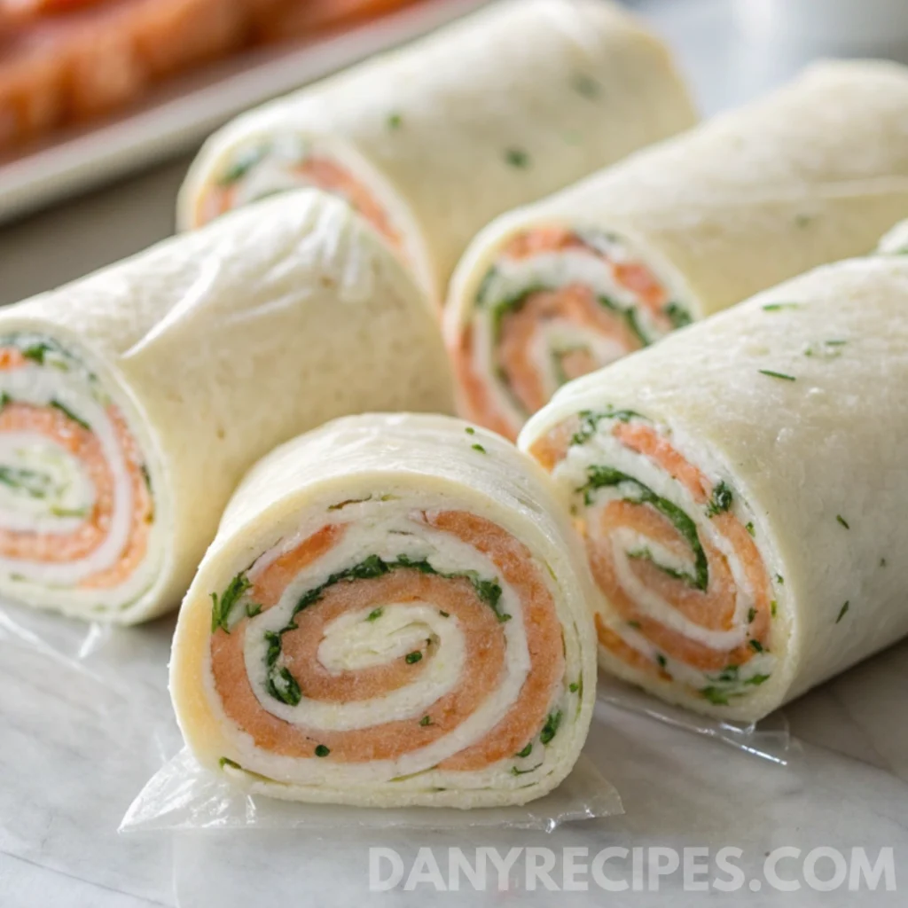 Rolled tortillas with smoked salmon and dill cream filling ready to chill for Easy Smoked Salmon Pinwheels