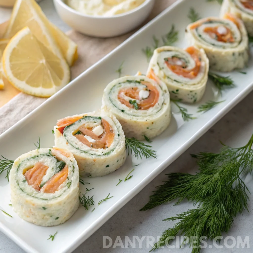 Sliced smoked salmon pinwheels on a white platter garnished with fresh dill and lemon