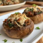 Stuffed mushrooms filled with a savory cheese and herb mixture on a white plate