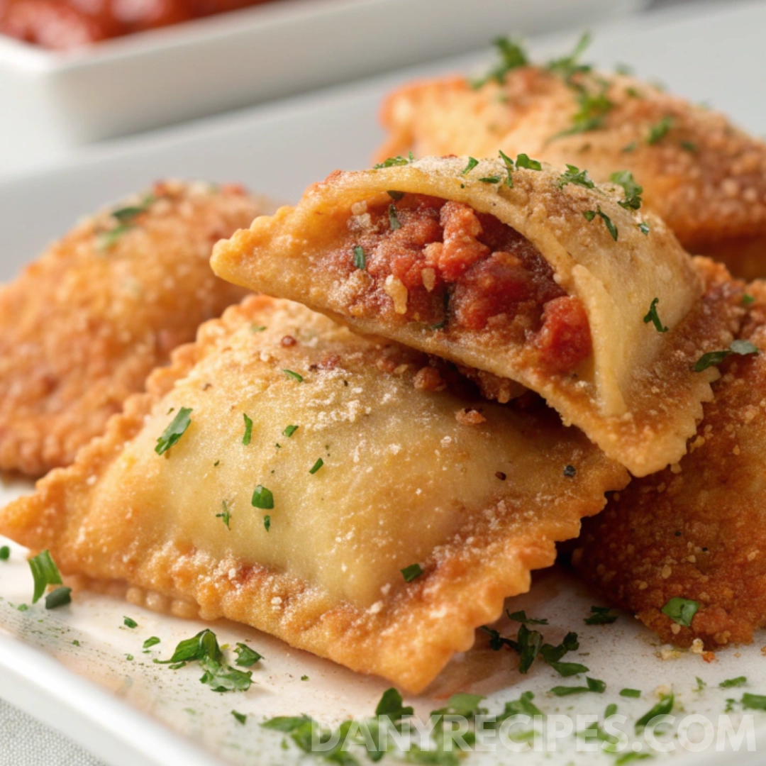 Golden crispy fried ravioli stuffed with seasoned meat and topped with parmesan and herbs