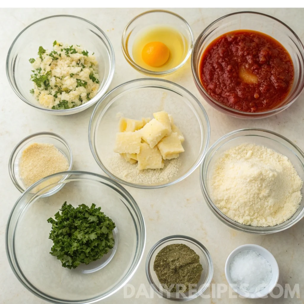Bowls of ravioli ingredients including parmesan, breadcrumbs, marinara sauce, herbs, and egg