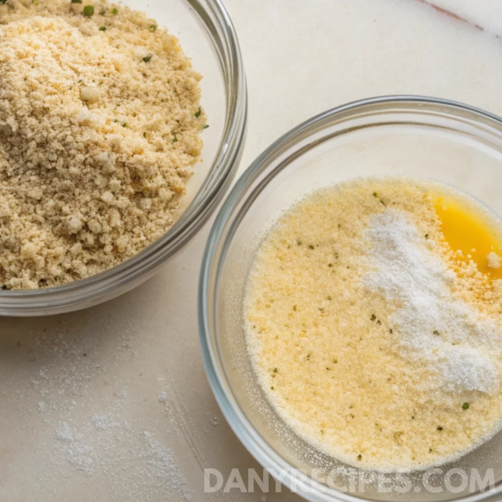 Two bowls with breadcrumb and parmesan mixture beside beaten egg for coating ravioli