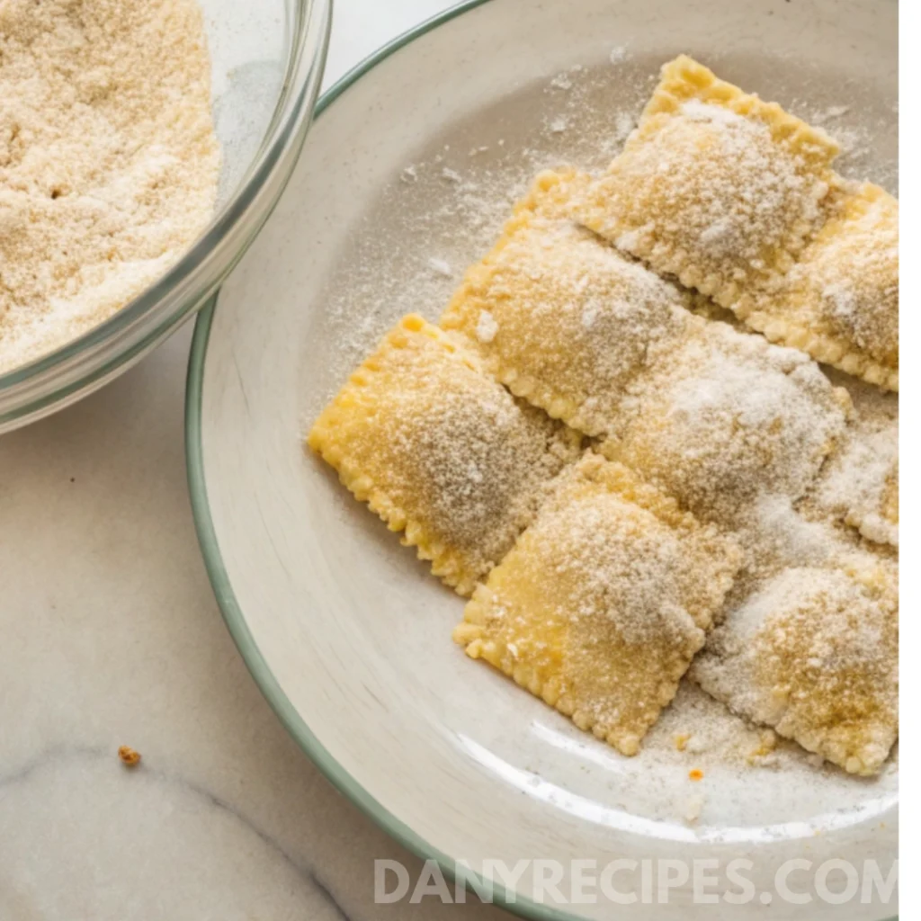 Uncooked ravioli coated with seasoned breadcrumb mixture on a plate